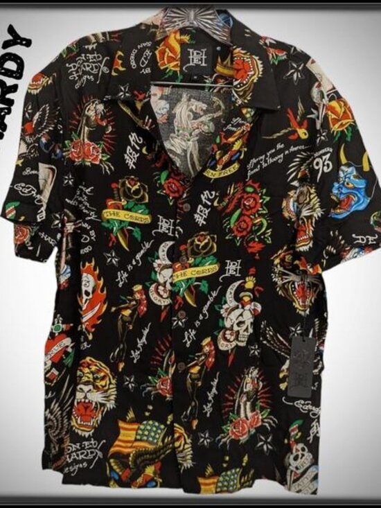 New ED HARDY AOP Black Flashboard Camp Button Up Shirt Skull Lion Tattoo Men M - Picture 1 of 9